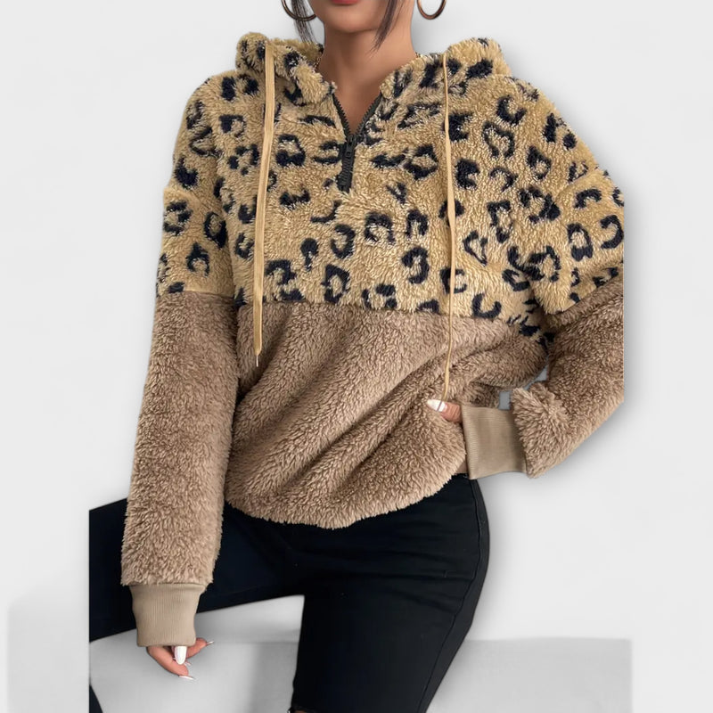 Varm Plys Hoodie med Leopardmønster og Patchwork