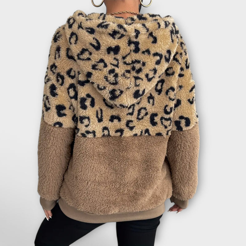 Varm Plys Hoodie med Leopardmønster og Patchwork