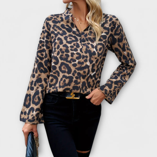 Casual Leopardmønstret Bluse med Noteret Udskæring